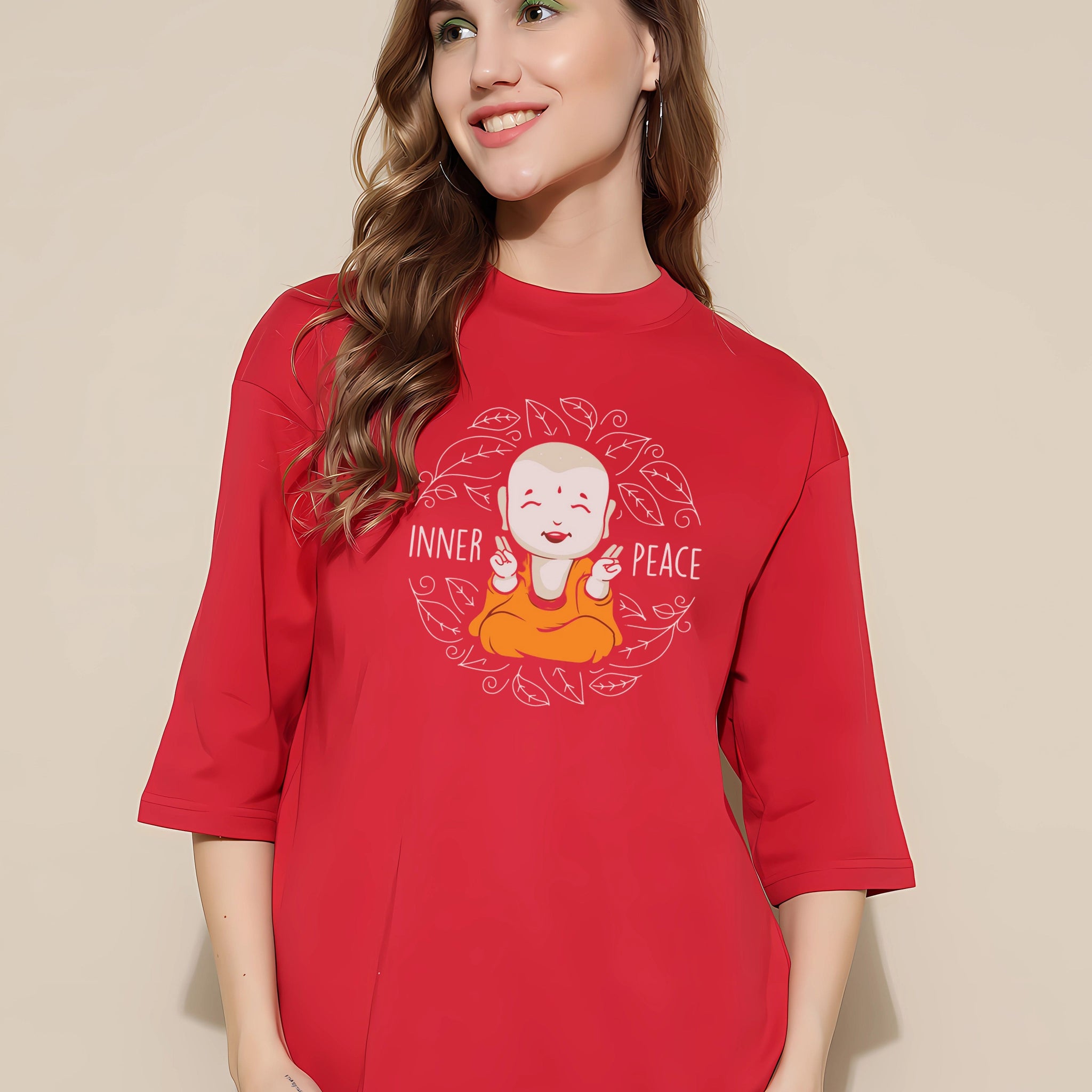 Women's Red Inner Peace Graphic Printed Boyfriend T-shirt